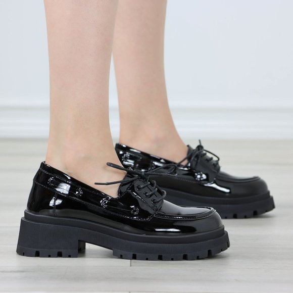 Chunky Penny Loafers Black Lug Sole Slip On Platform Patent Black Lace Up - Picture 10 of 14
